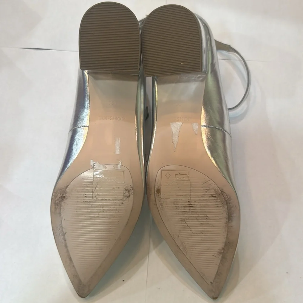 TOPSHOP Silver Pointy‎ Toe Block Heel Shoes Size 9.5/39